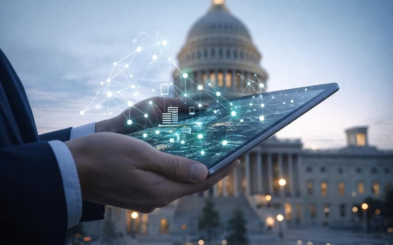 Connected digital services shown on a tablet near the U.S. Capitol, illustrating modern federal experience platforms for government agencies.