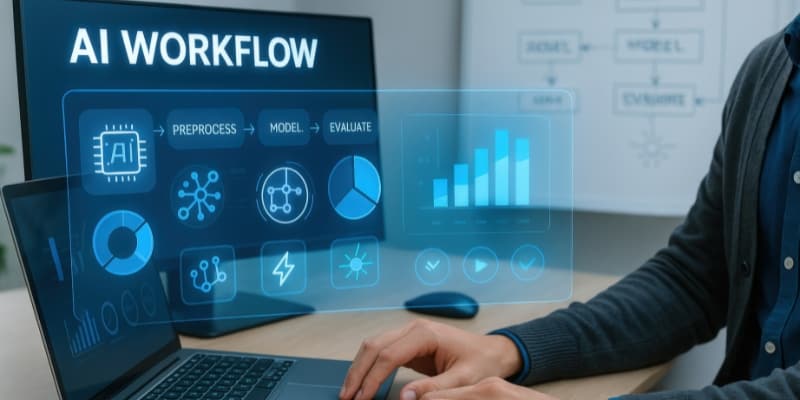 Person working on a laptop with a digital AI workflow interface showing steps like preprocess, model, and evaluate, alongside data charts.