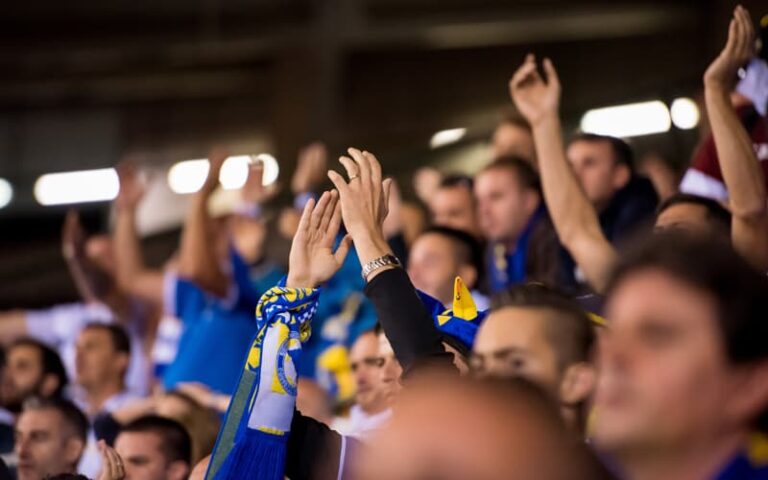 A crowd cheering in the stadium at a large sports event.