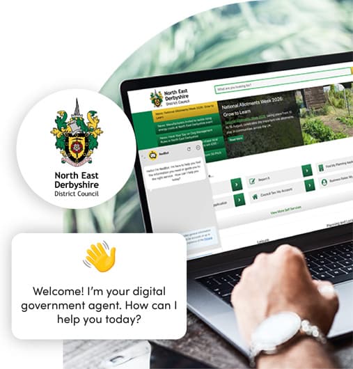North East Derbyshire District Council website on a laptop with a digital government chatbot welcome message displayed in the foreground.