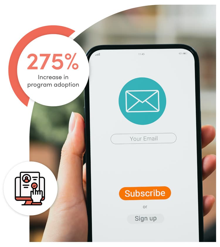 A woman holding up her phone, displaying a subscription sign-up page. Overlay text: '275% increase in program adoption,' showcasing the impact of effective digital engagement.