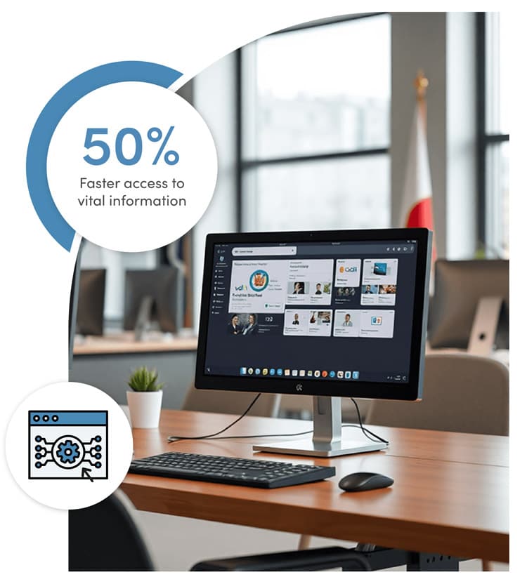 A computer screen displaying public sector services and information in a clean, modern government office. Text overlay: '50% faster access to vital information,' showcasing improved efficiency in digital service delivery.