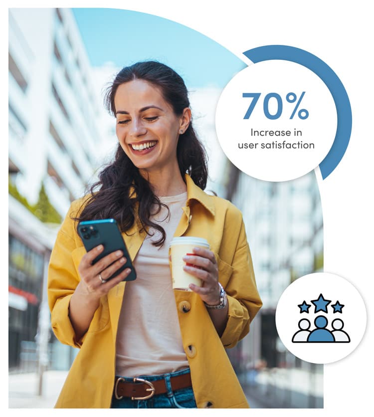 A happy citizen walking down a city street, holding coffee and her cell phone. Text overlay: '70% increase in user satisfaction,' highlighting improved experiences with digital services.