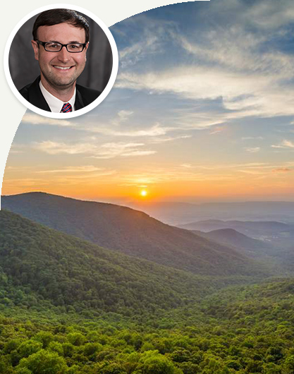 Virginia blue ridge landscape with David Aldridge photo overlay
