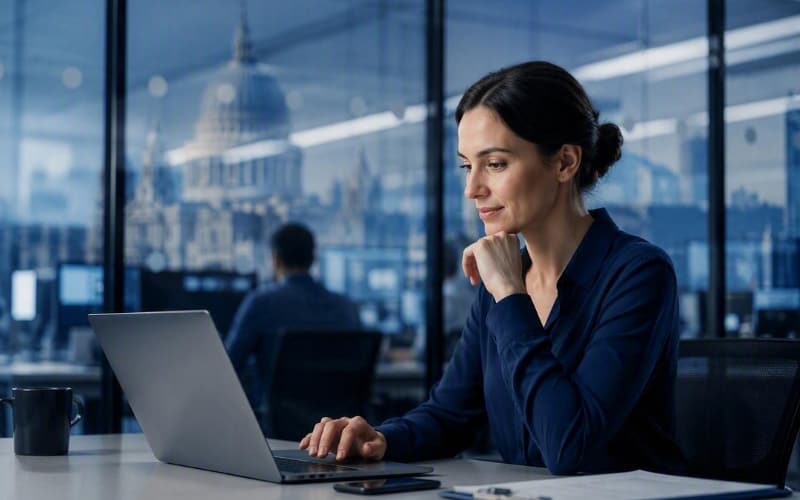 Person working on a laptop in a modern office, with large windows overlooking a city skyline and coworkers in the background.
