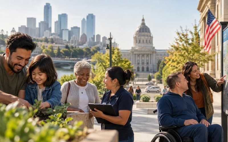 Community members connect with local government programs and public services outside a civic building.
