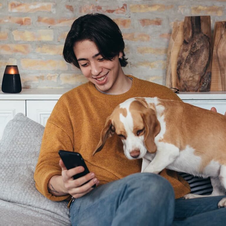 Young man pettings his dog, a senior beagle mix, while accessing digital government services from the comfort of his home.