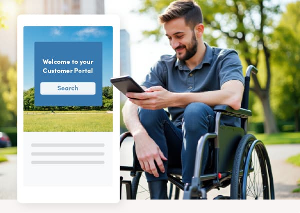 Man in a wheelchair engaging with his cell phone. Illustrated overlay of a local government's online service portal.
