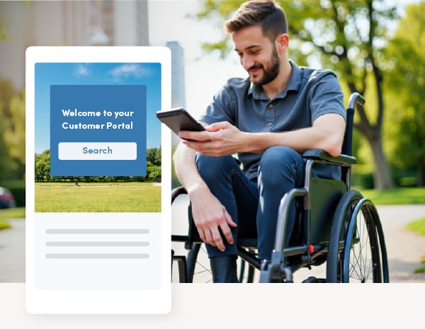 A citizen in a wheelchair accessing government services through a user-friendly online digital portal from any location.