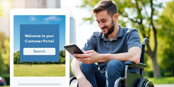 Man in a wheelchair engaging with his cell phone. Illustrated overlay of a local government's online service portal.