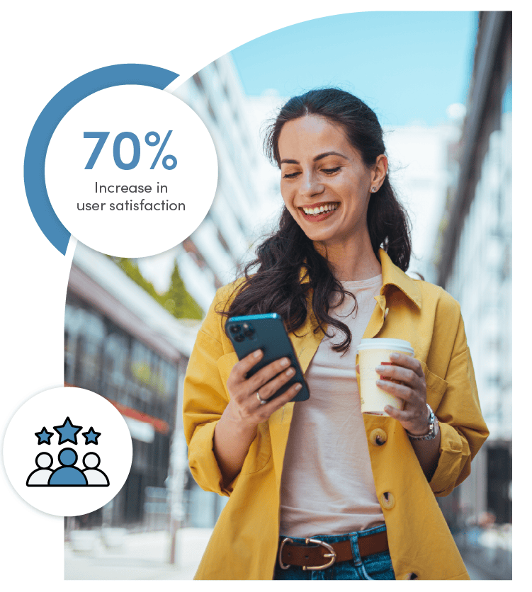 A happy citizen walking down a city street, holding coffee and her cell phone. Text overlay: '70% increase in user satisfaction,' highlighting improved experiences with digital services.