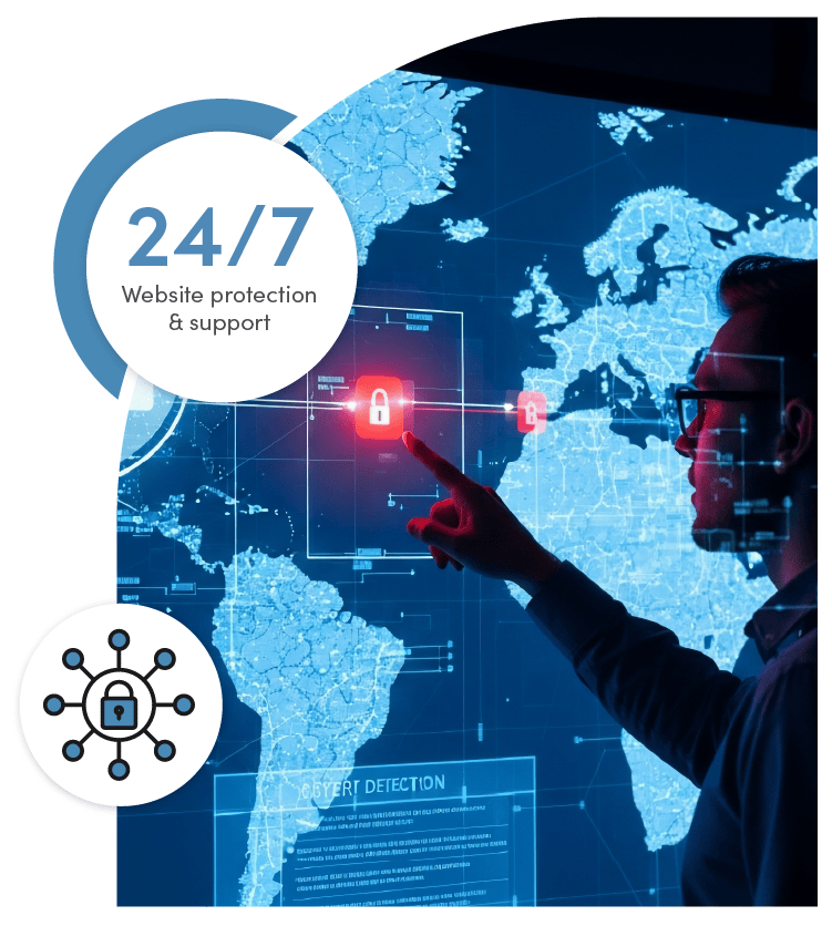 Cybersecurity professional analyzing global threat network on a large digital world map screen