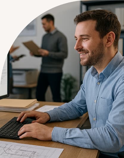 A man smiles as he he works at a desk in front of a large computer monitor.