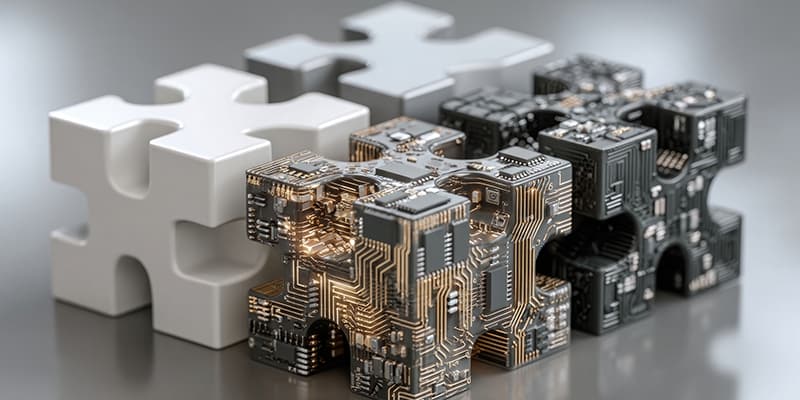 Stylized tech puzzle pieces fitting together with microchip patterns and wire connections representing system integration