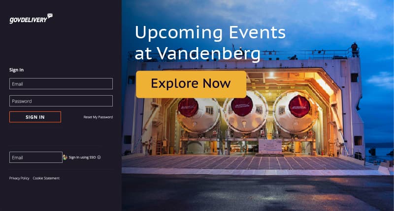 Mockup of Vandenberg Space Force govDelivery login page