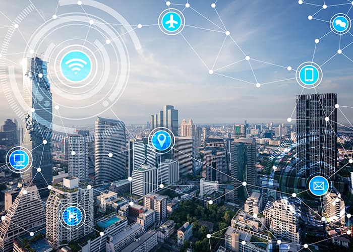 Smart city and wireless communication network, IT icons