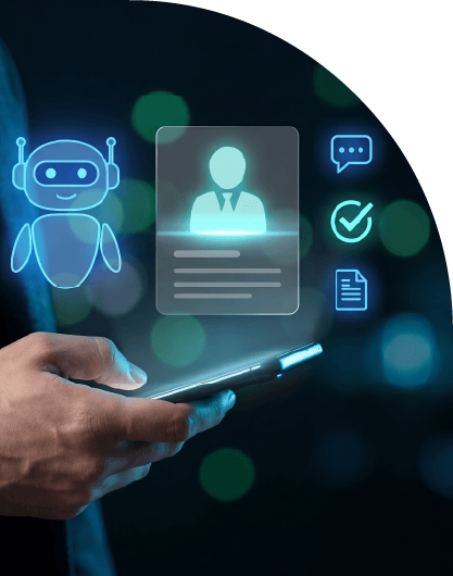 Man holding smartphone with glowing AI chatbot robot, user profile card and chat icons