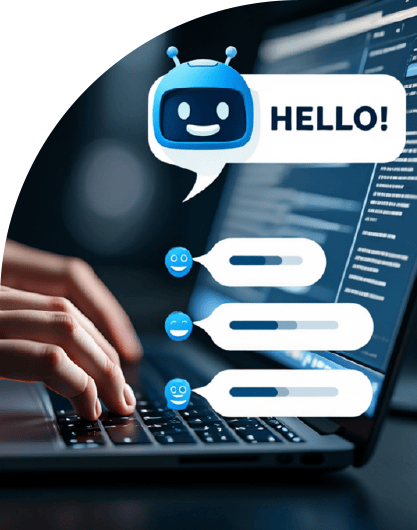 Person using laptop with chatbot interface showing customer feedback and satisfaction ratings