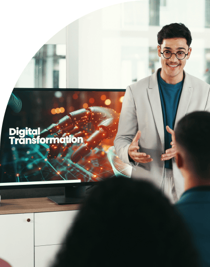 Presentation, digital transformation and man in office for meeting, tradeshow and seminar.