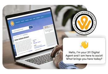 Laptop displaying a Unified Government of Wyandotte County website with an AI assistant chat window and county government logo promoting online support.